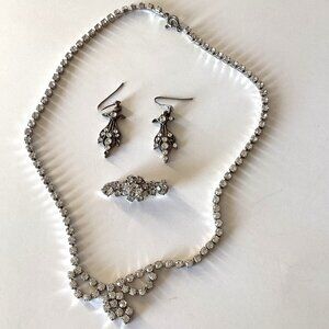 Vintage Clear Rhinestone Necklace Brooch & Drop Earrings Retro Costume Jewelry